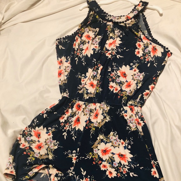 Navy Blue, Floral, Romper - Picture 3 of 3